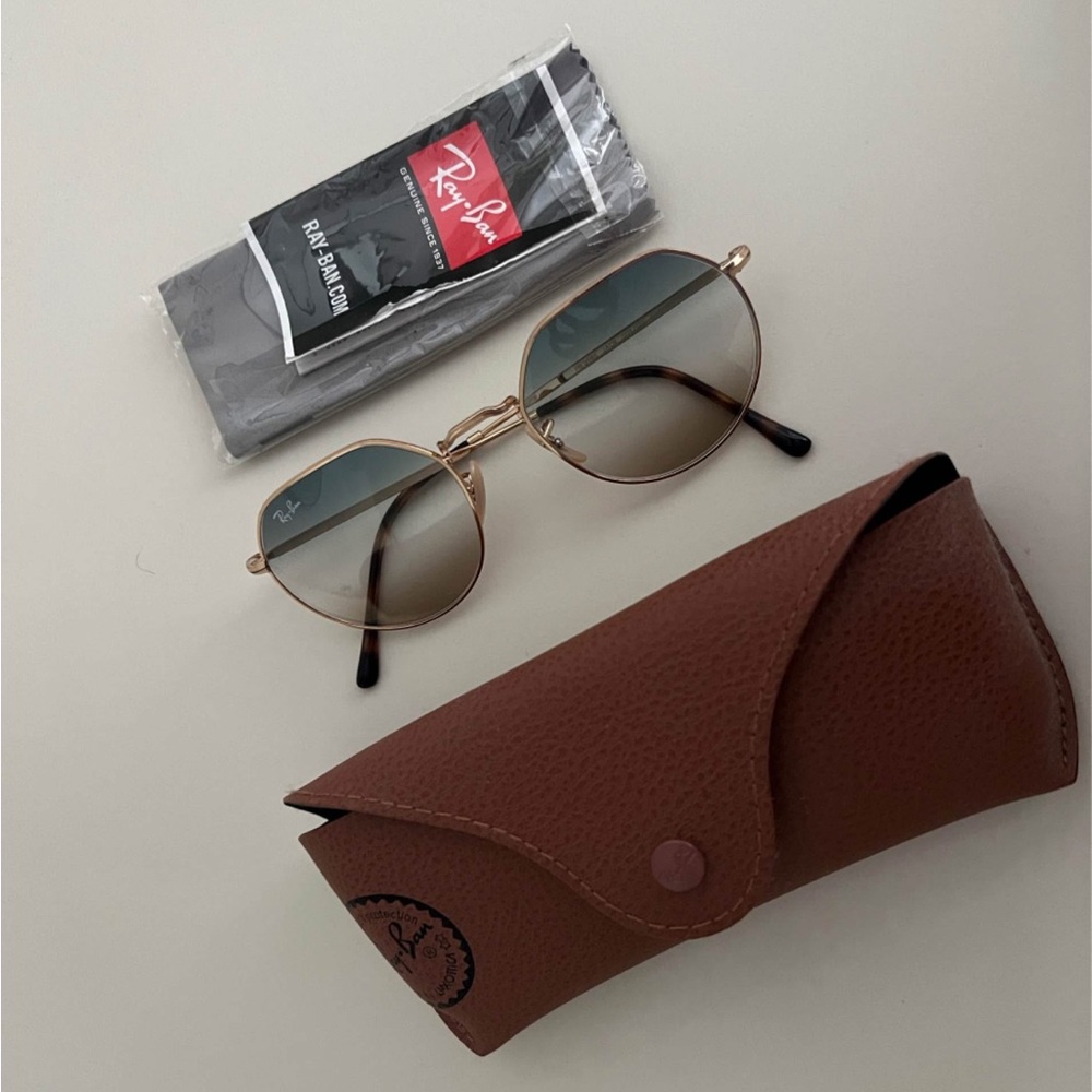 Ray-Ban Hexagonal Sunglasses with Gold Frame and Blue Lenses